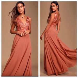 NWT Lulus Carolyne Rusty Rose Embroidered Maxi Dress